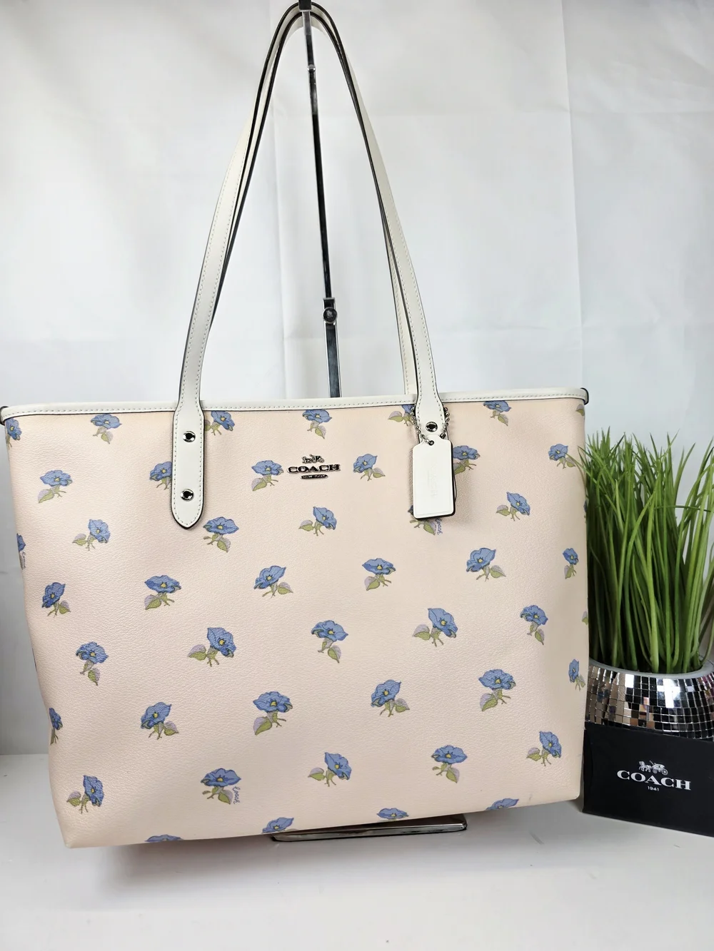 Coach City Zip Blue Floral Print Tote Bag in Light Pink Work Laptop